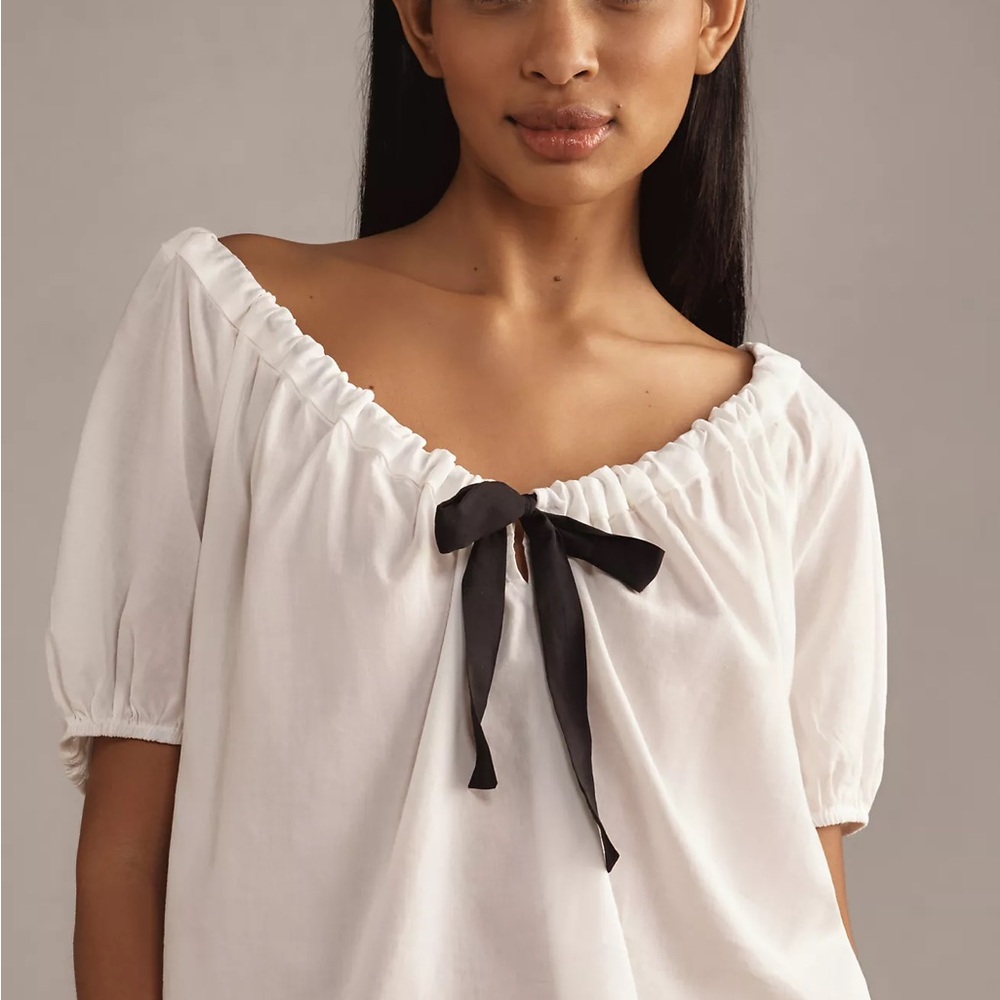 Reformation White Blouse with Black Ribbon